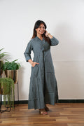Blue and beige muslin button down shirt dress