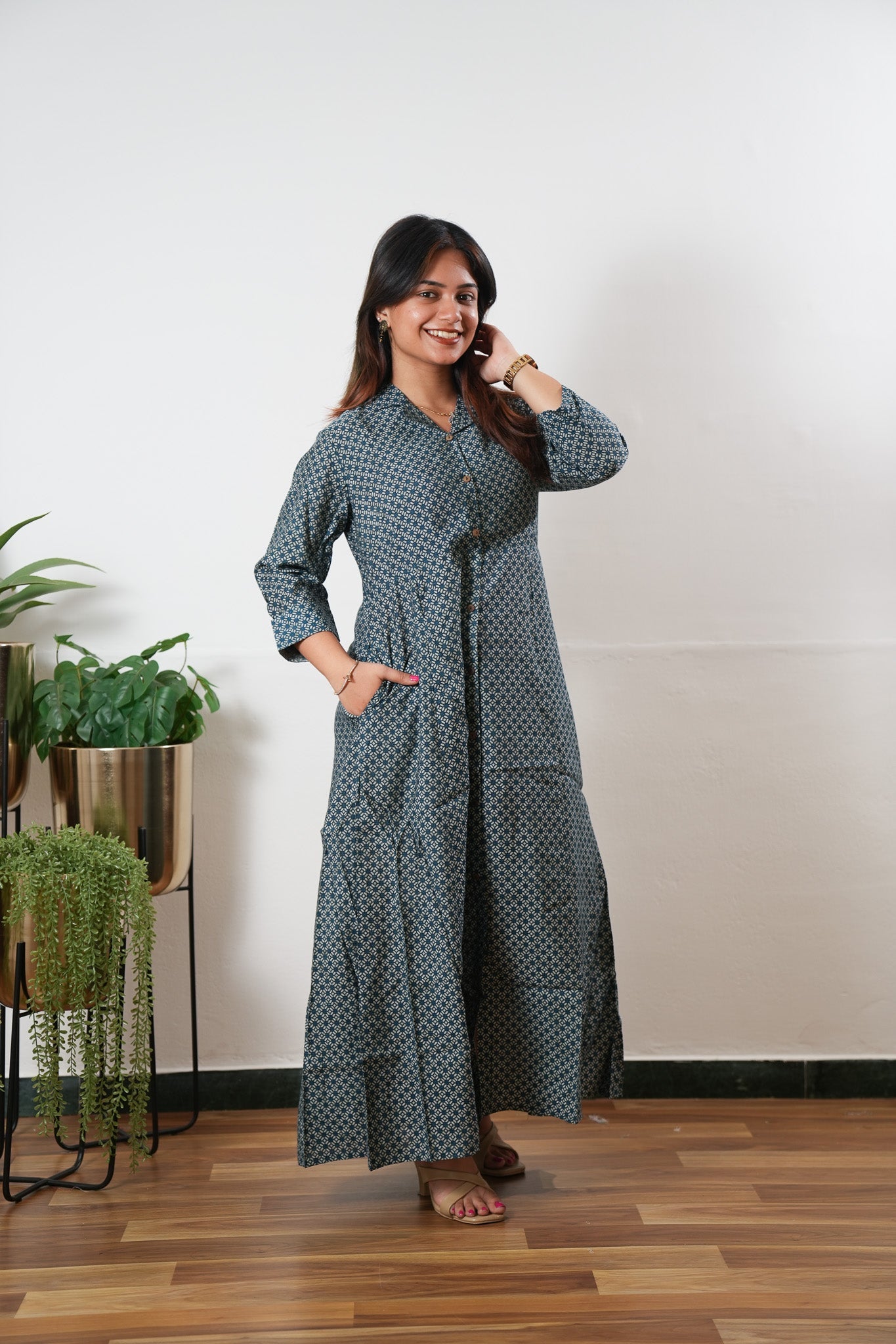 Blue and beige muslin button down shirt dress