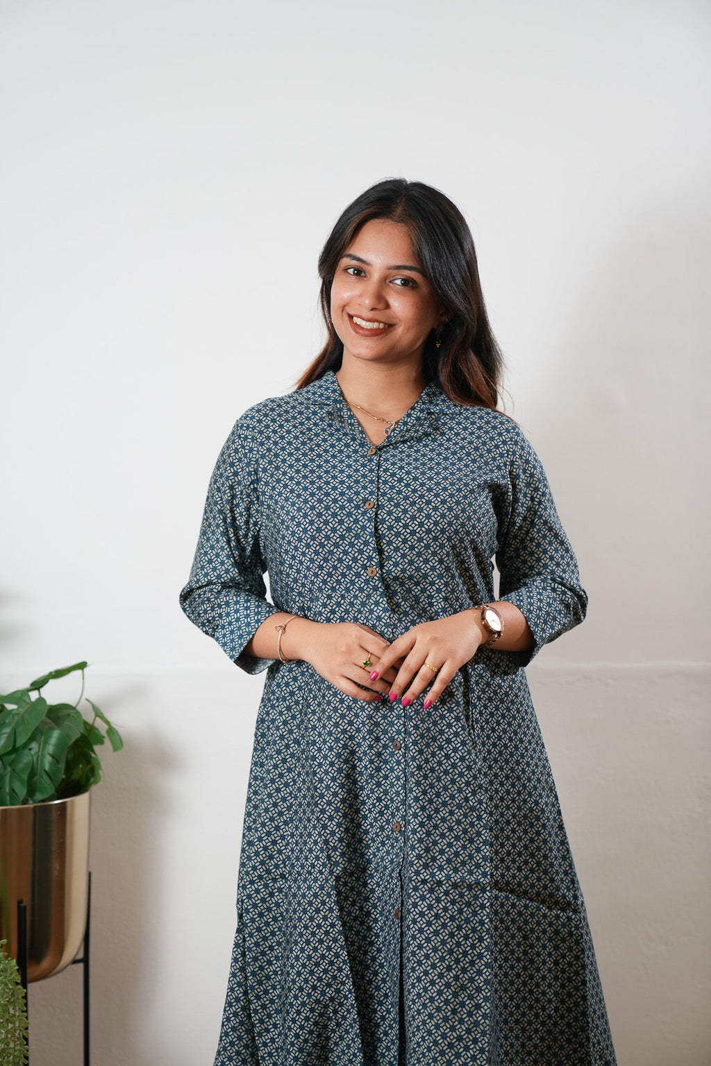Blue and beige muslin button down shirt dress