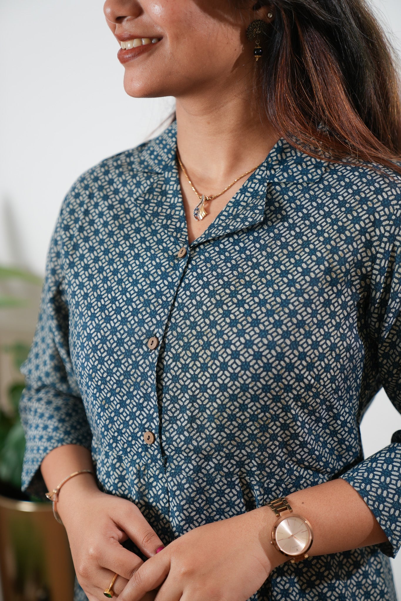 Blue and beige muslin button down shirt dress