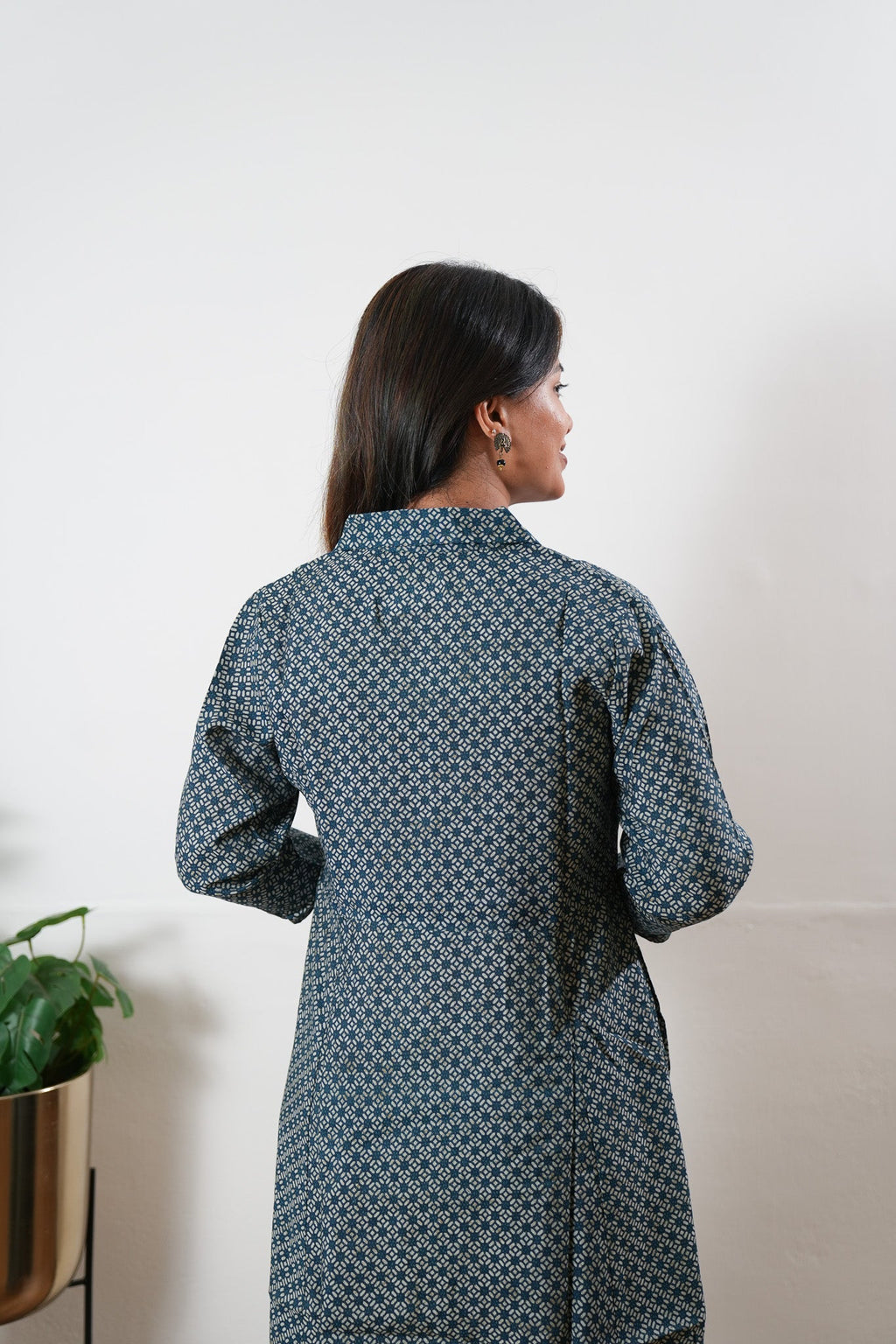 Blue and beige muslin button down shirt dress