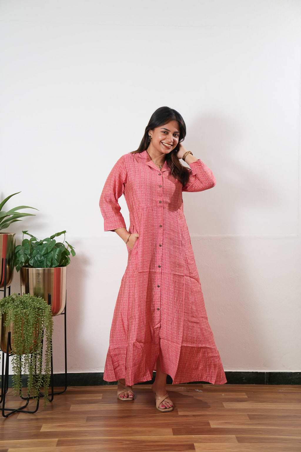 Baby pink muslin button down shirt dress