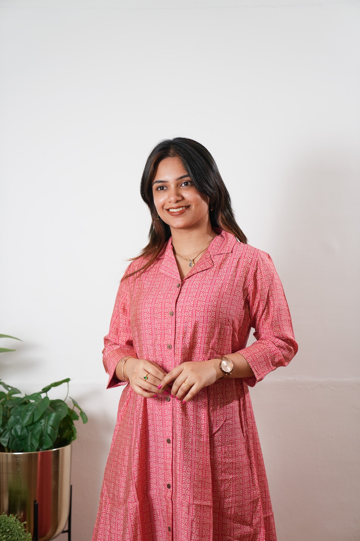 Baby pink muslin button down shirt dress