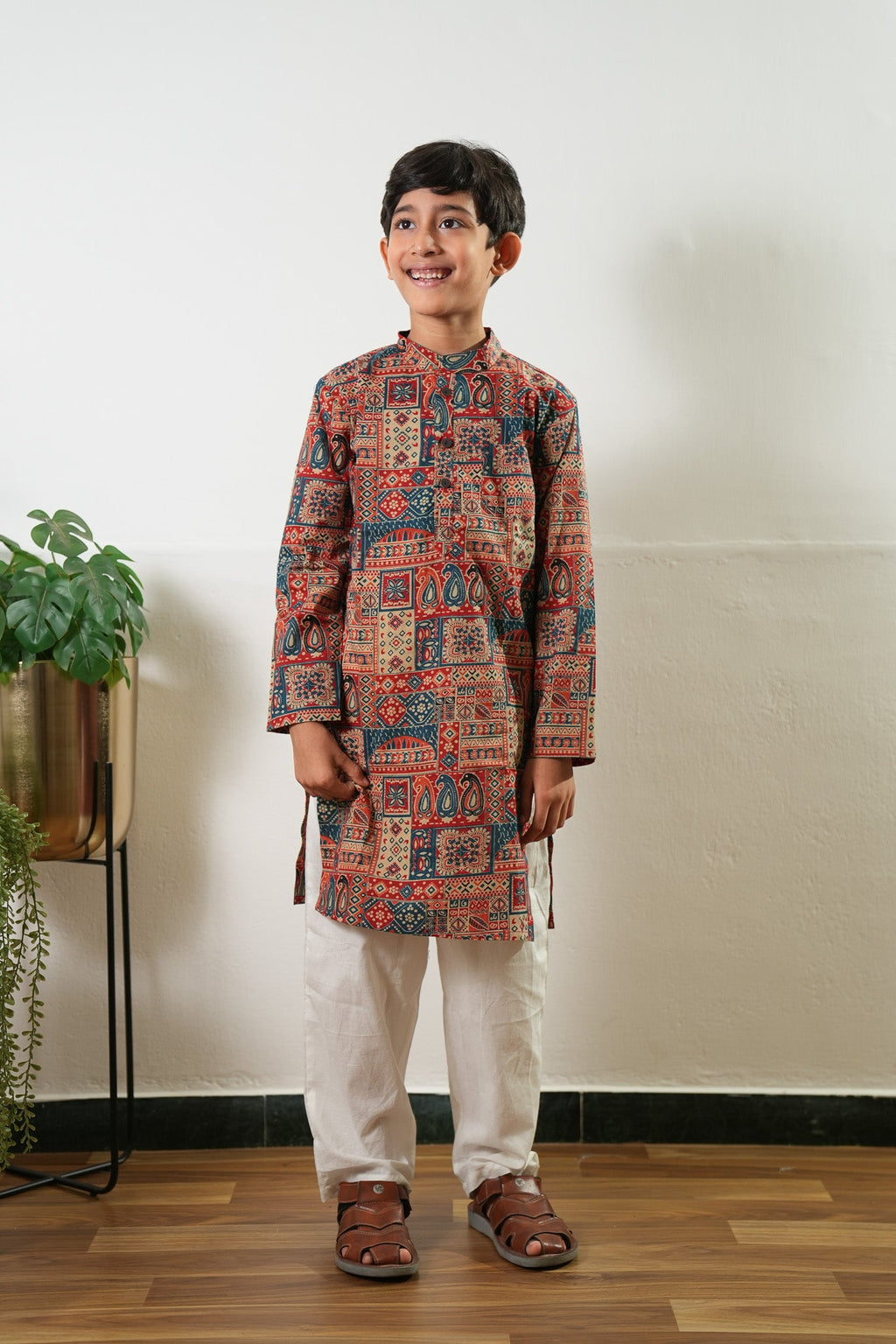 Red and indigo cotton kurta set