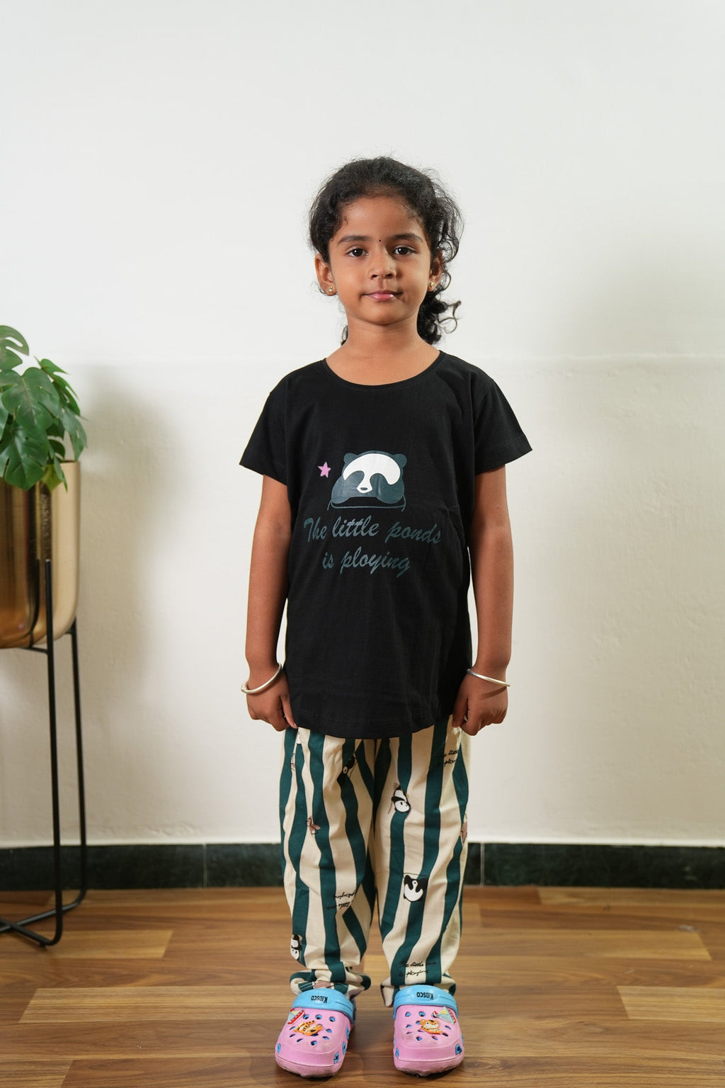 Black stripes knitted cotton night suit