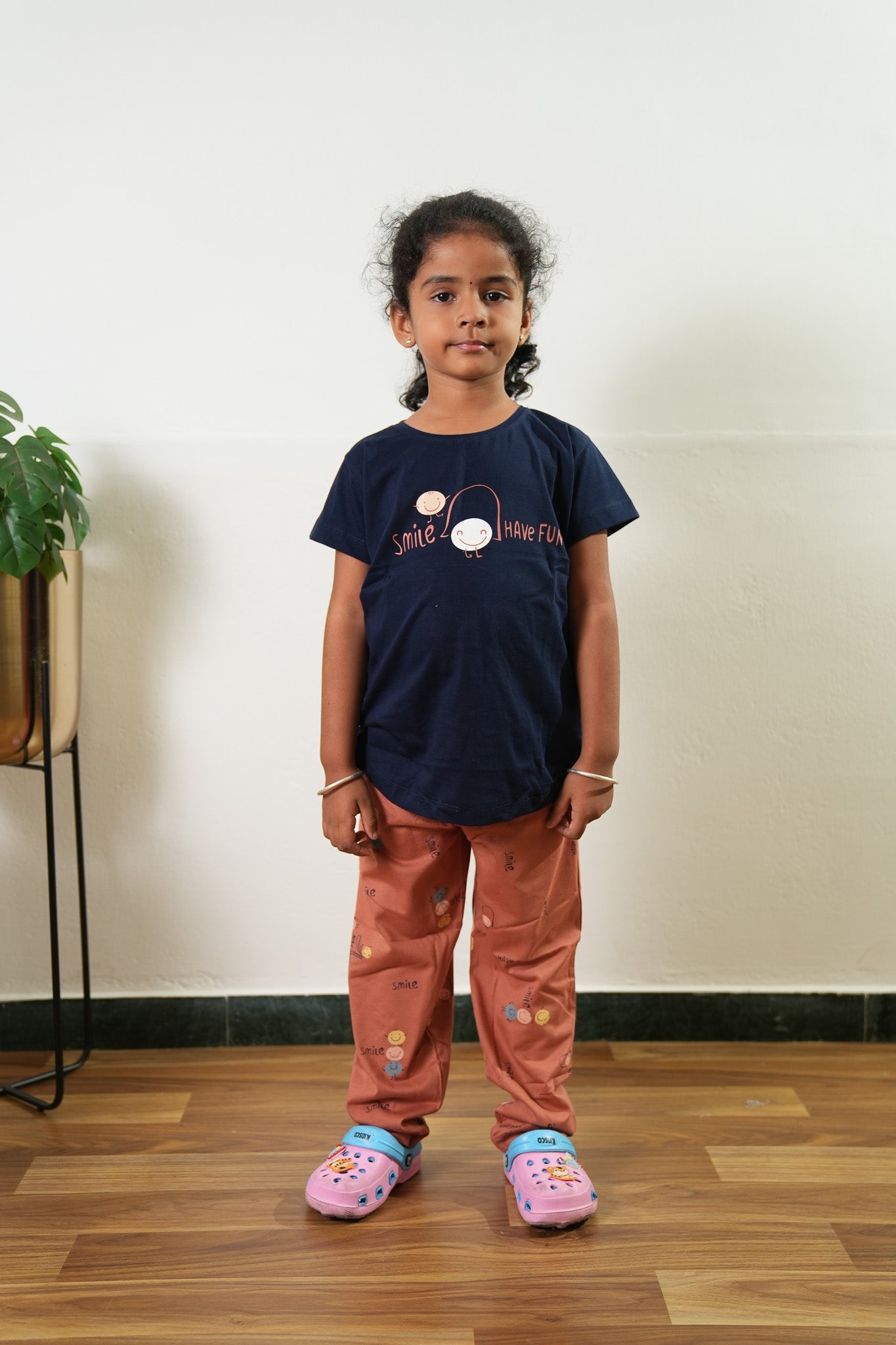 Navy and orange knitted cotton night suit