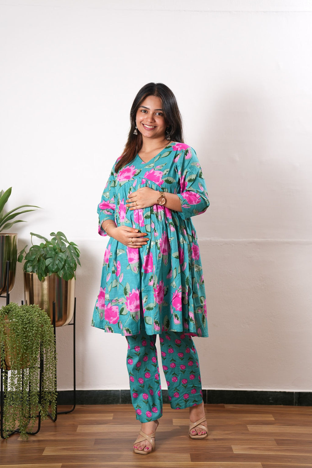 Turquoise Lillies  cotton maternity nursing Comfies