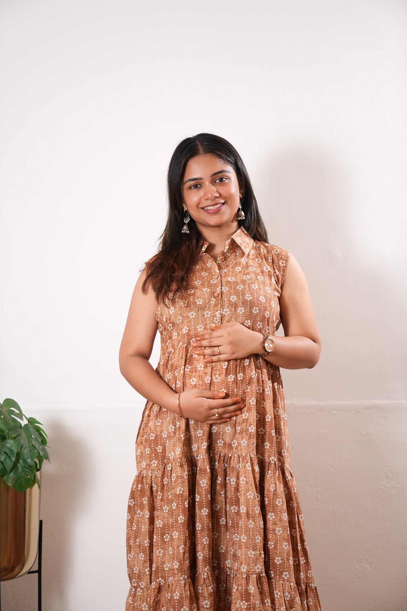 Caramel cotton button down midi dress(attached sleeves)
