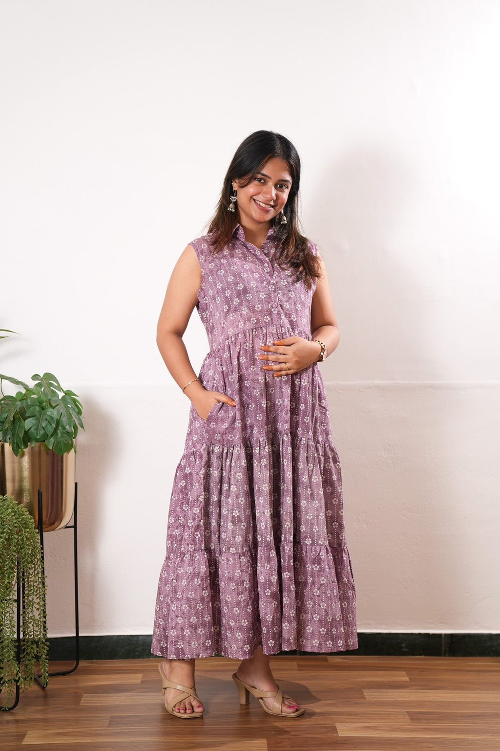 Plum cotton button down midi dress (attached sleeves)
