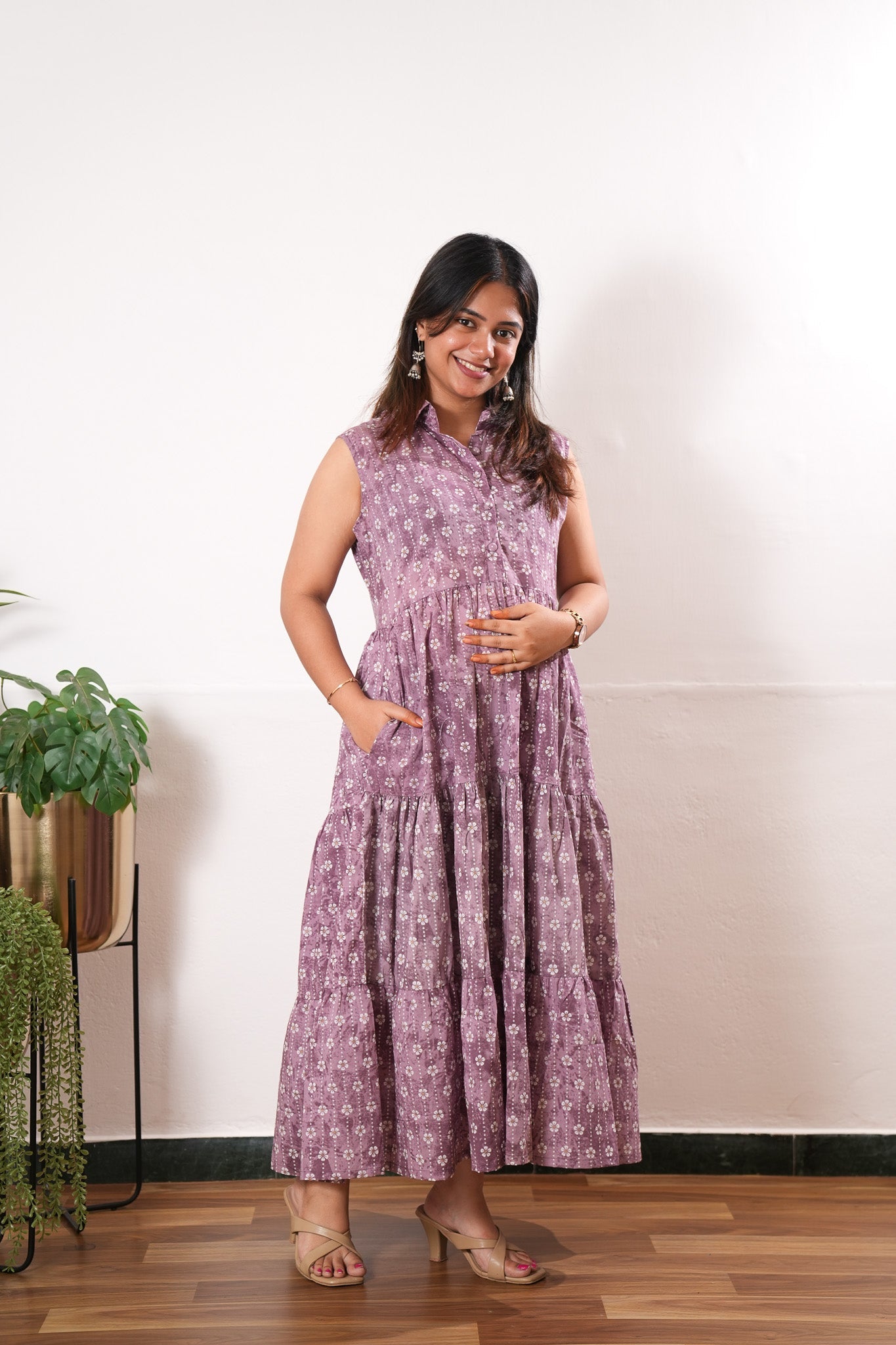 Plum cotton button down midi dress (attached sleeves)