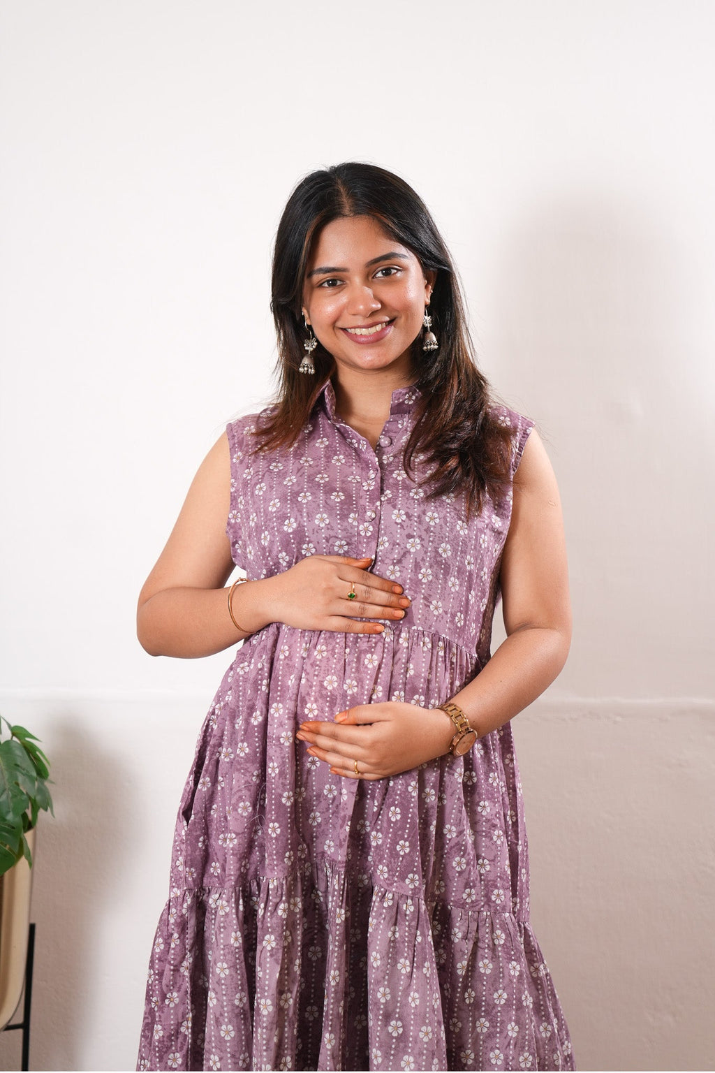Plum cotton button down midi dress (attached sleeves)