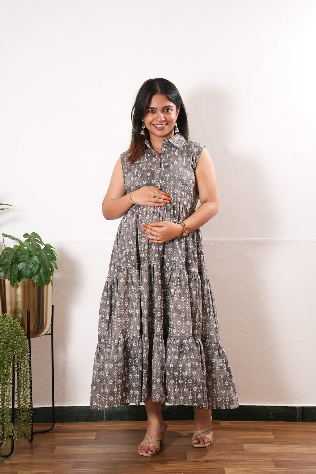 Grey cotton button down midi dress(attached sleeves)