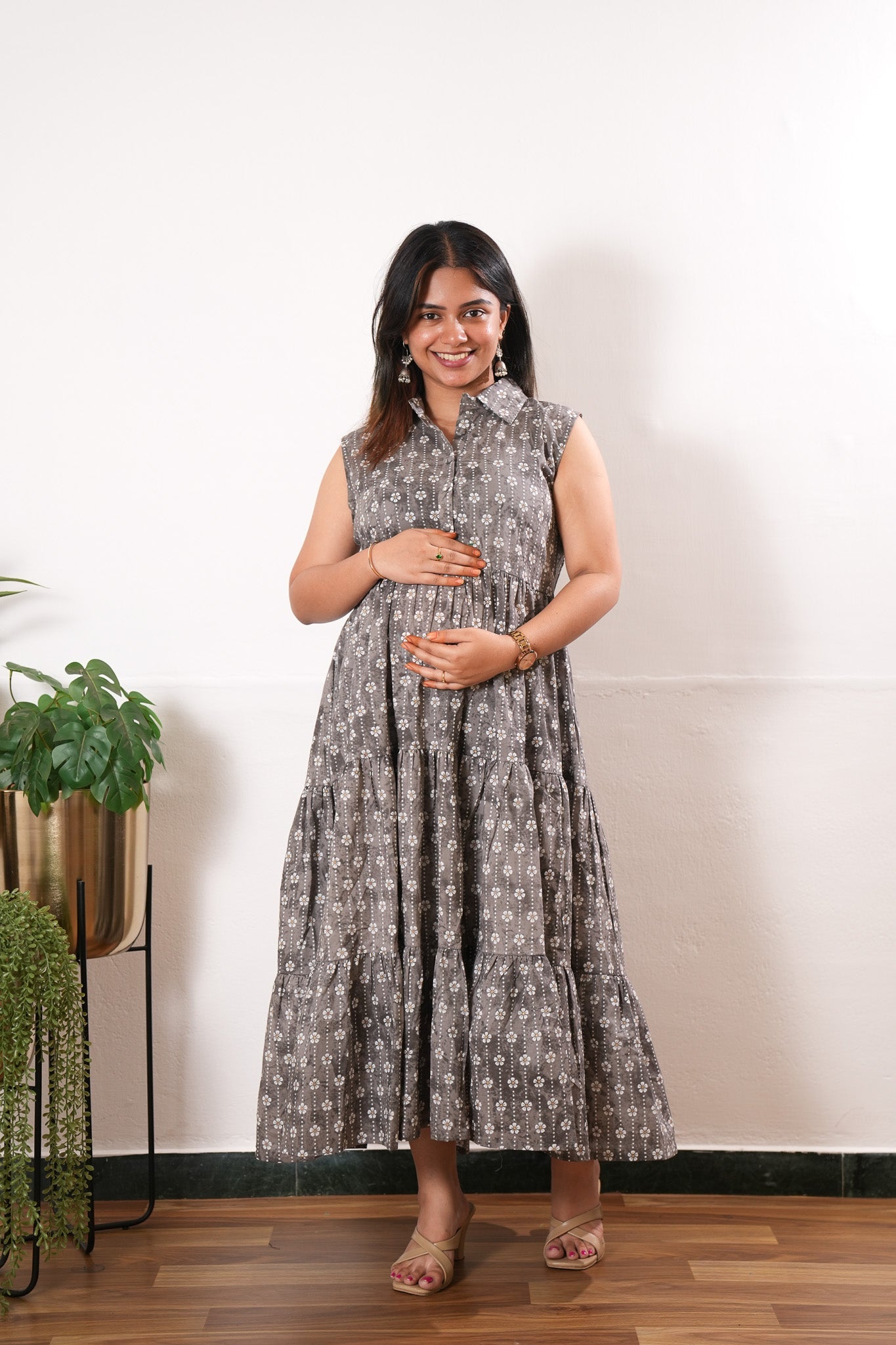 Grey cotton button down midi dress(attached sleeves)