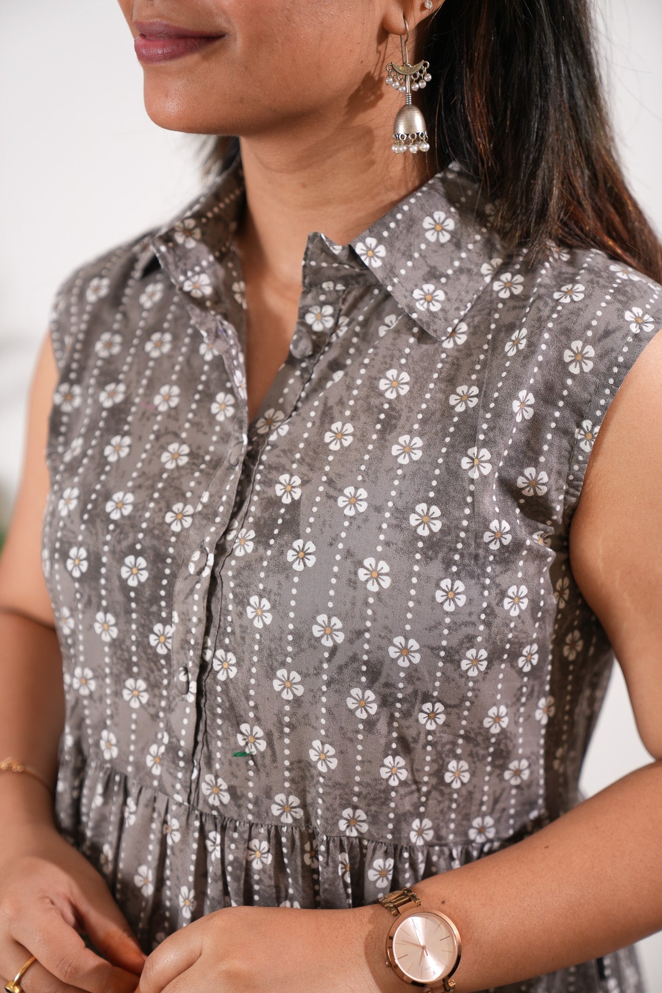 Grey cotton button down midi dress(attached sleeves)