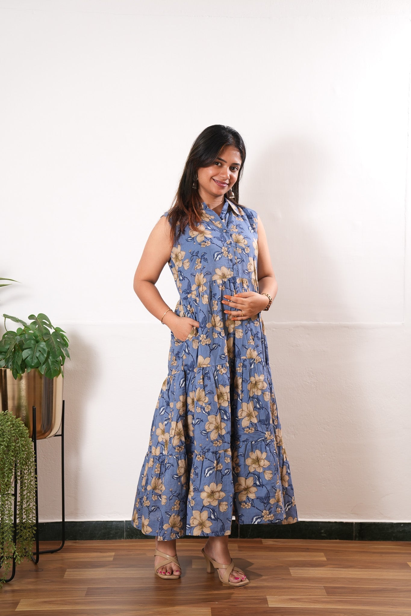 Powder blue floral button down midi dress(attached sleeves)