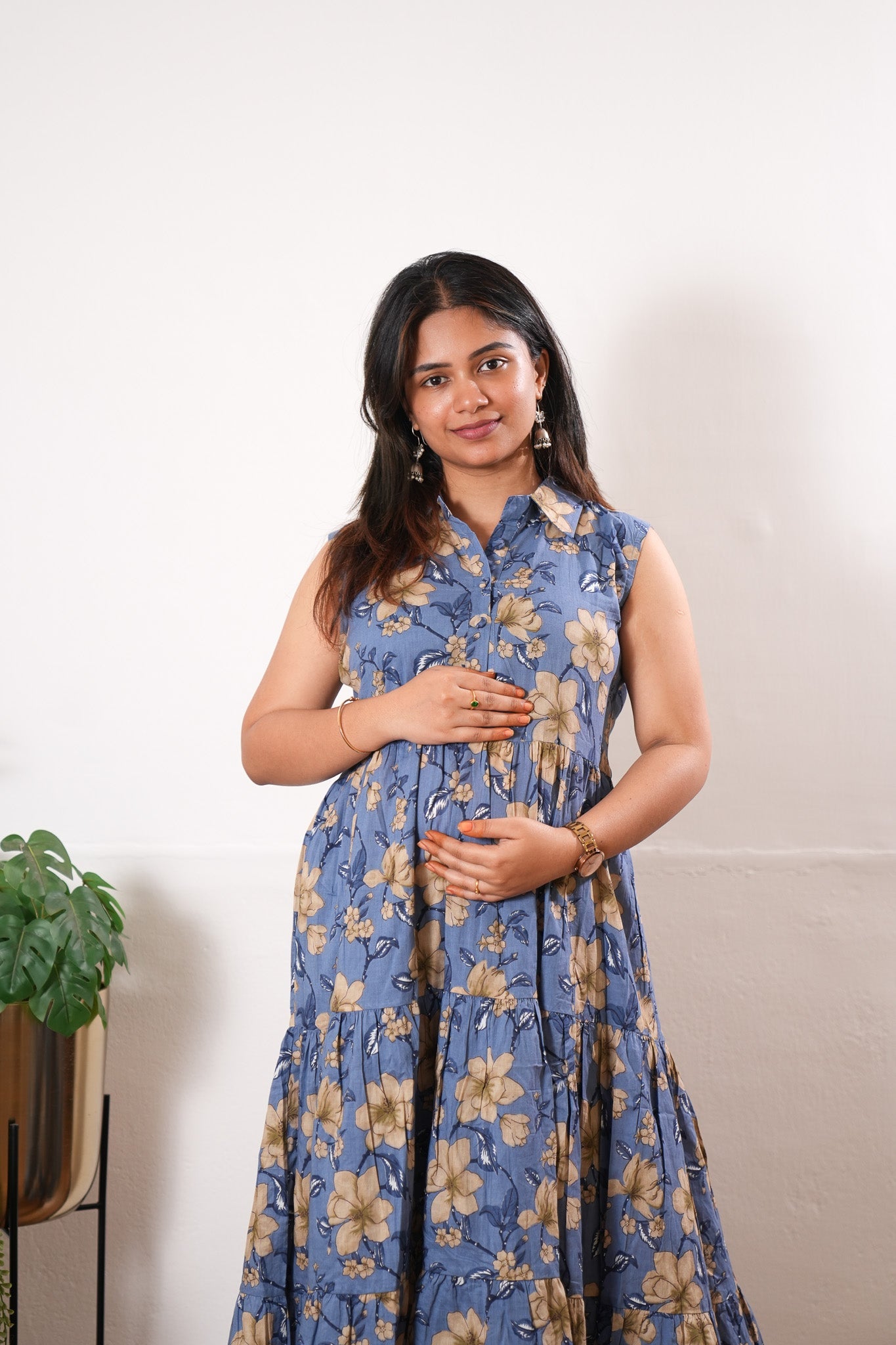 Powder blue floral button down midi dress(attached sleeves)