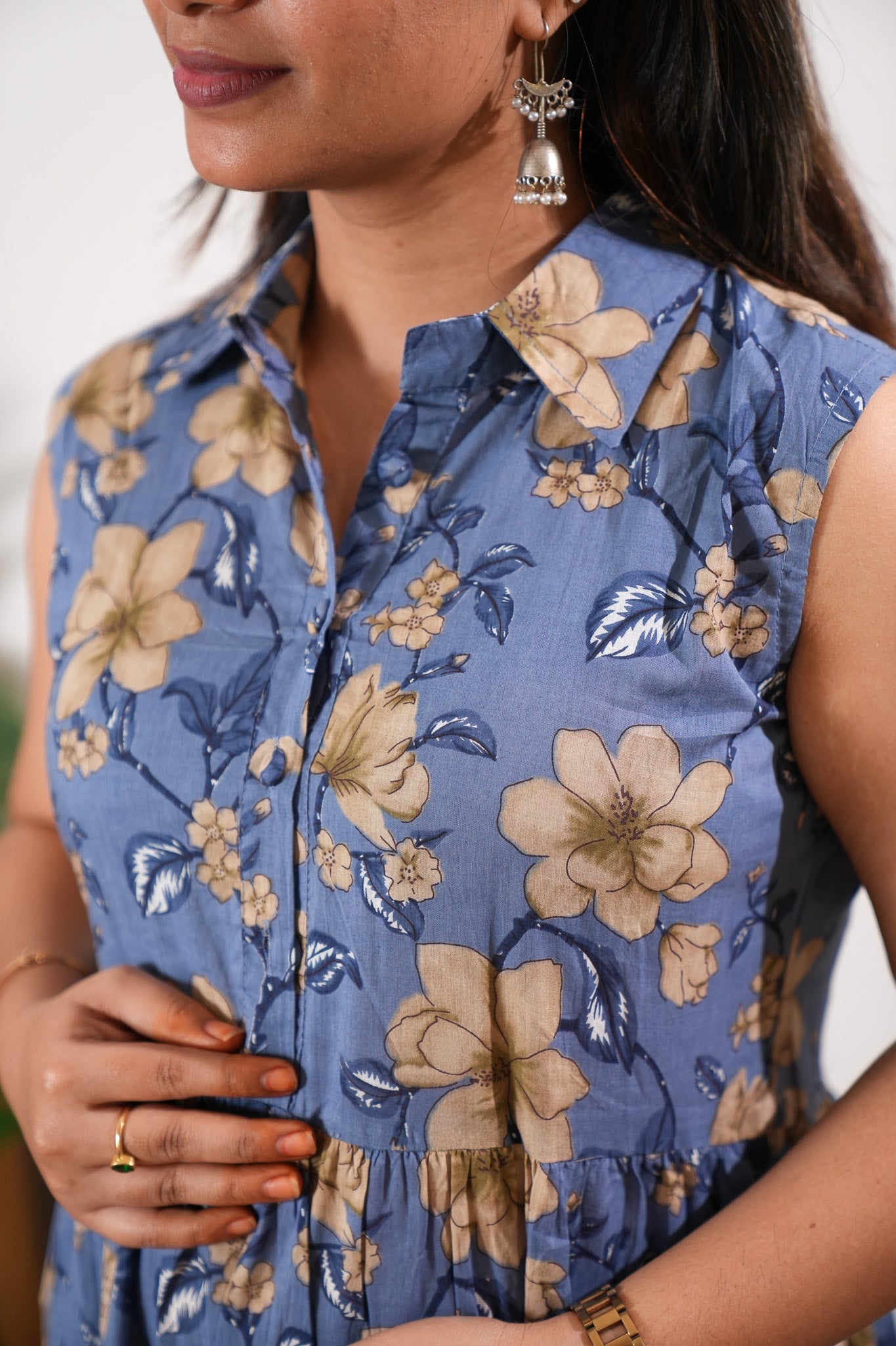 Powder blue floral button down midi dress(attached sleeves)