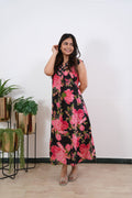 Ira cotton v neck gathered dress-Black orchid (attached sleeves)
