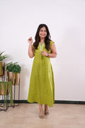 Ira cotton v neck gathered dress-Lime green (attached sleeves)