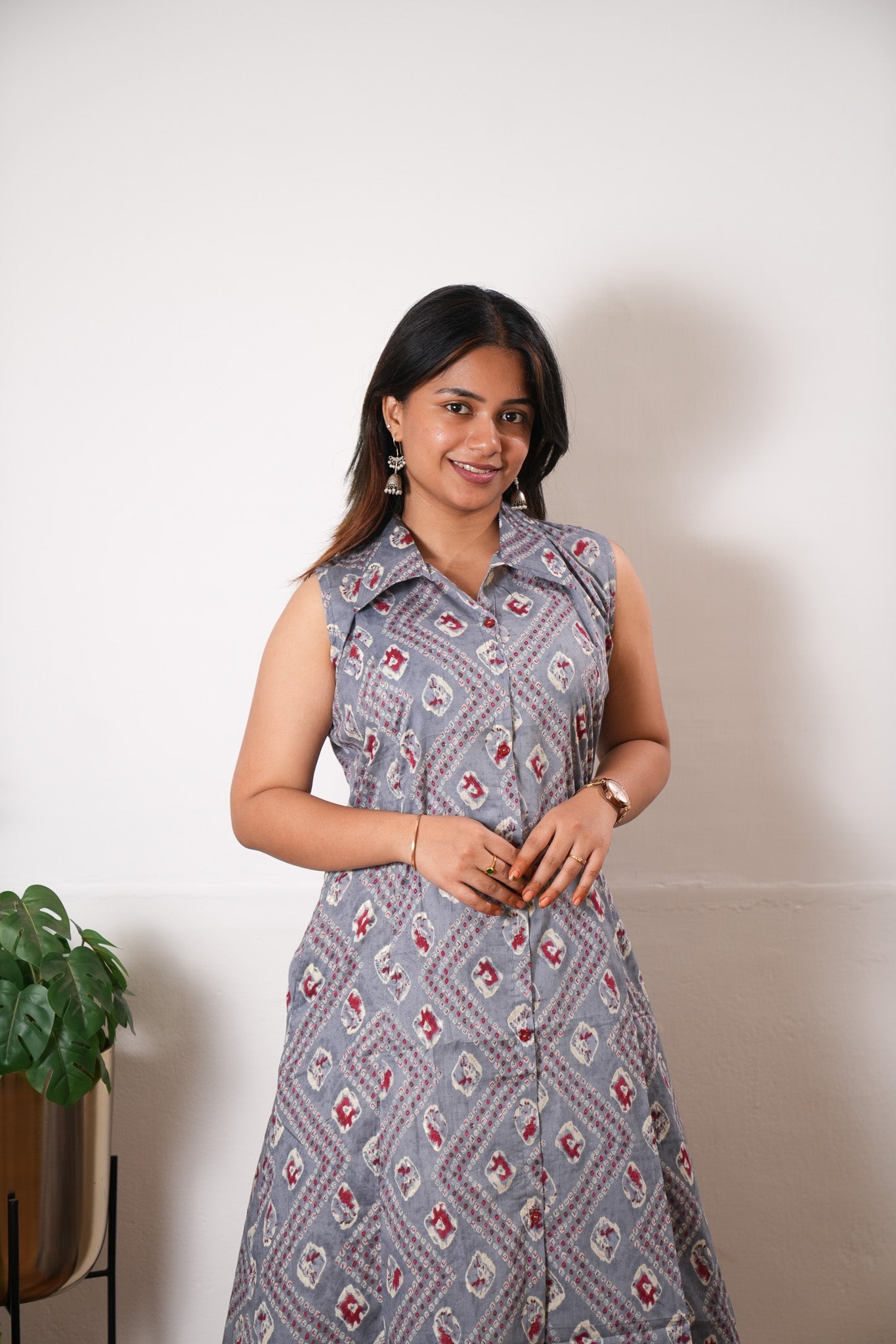 Grey bandhani viscose shirt co-ords set (attached sleeves)