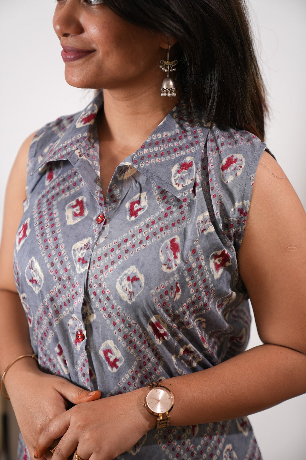 Grey bandhani viscose shirt co-ords set (attached sleeves)