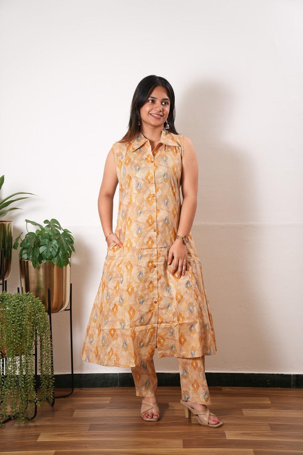 Caramel viscose shirt co-ords set (attached sleeves)