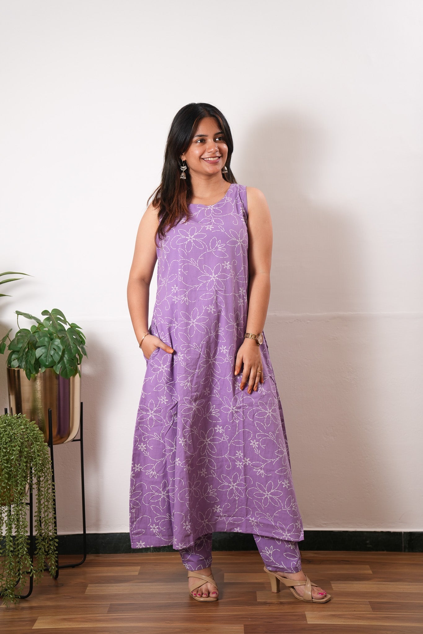 Lavender cotton co-ords set(attached sleeves)