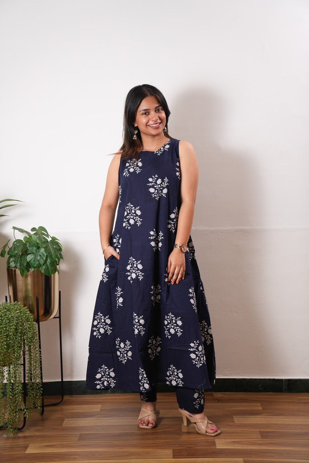 Midnight blue cotton co-ords set(attached sleeves)