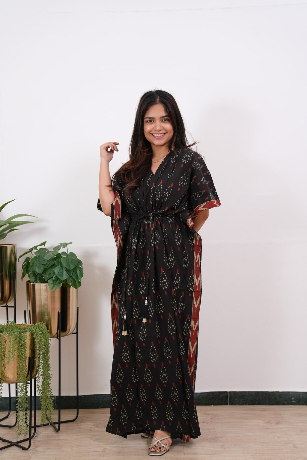 Black geometric pure cotton kaftan
