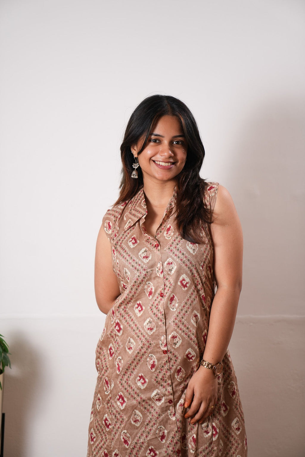 Beige bandhani viscose shirt co-ords set (attached sleeves)