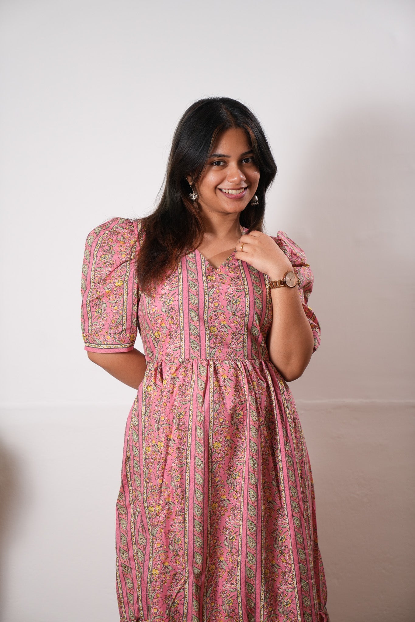 Pink stripes cotton midi dress