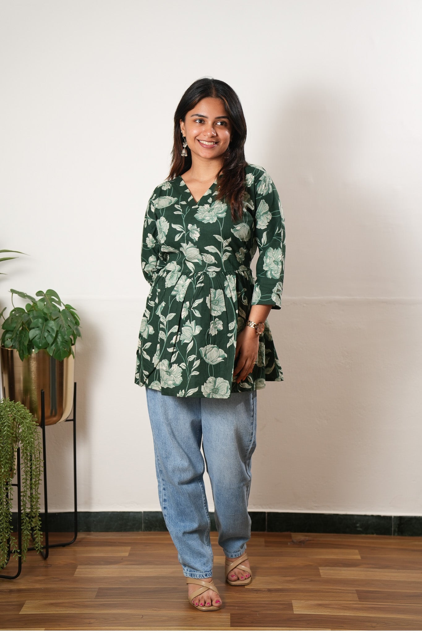 Peplum cotton short kurti - Green rose