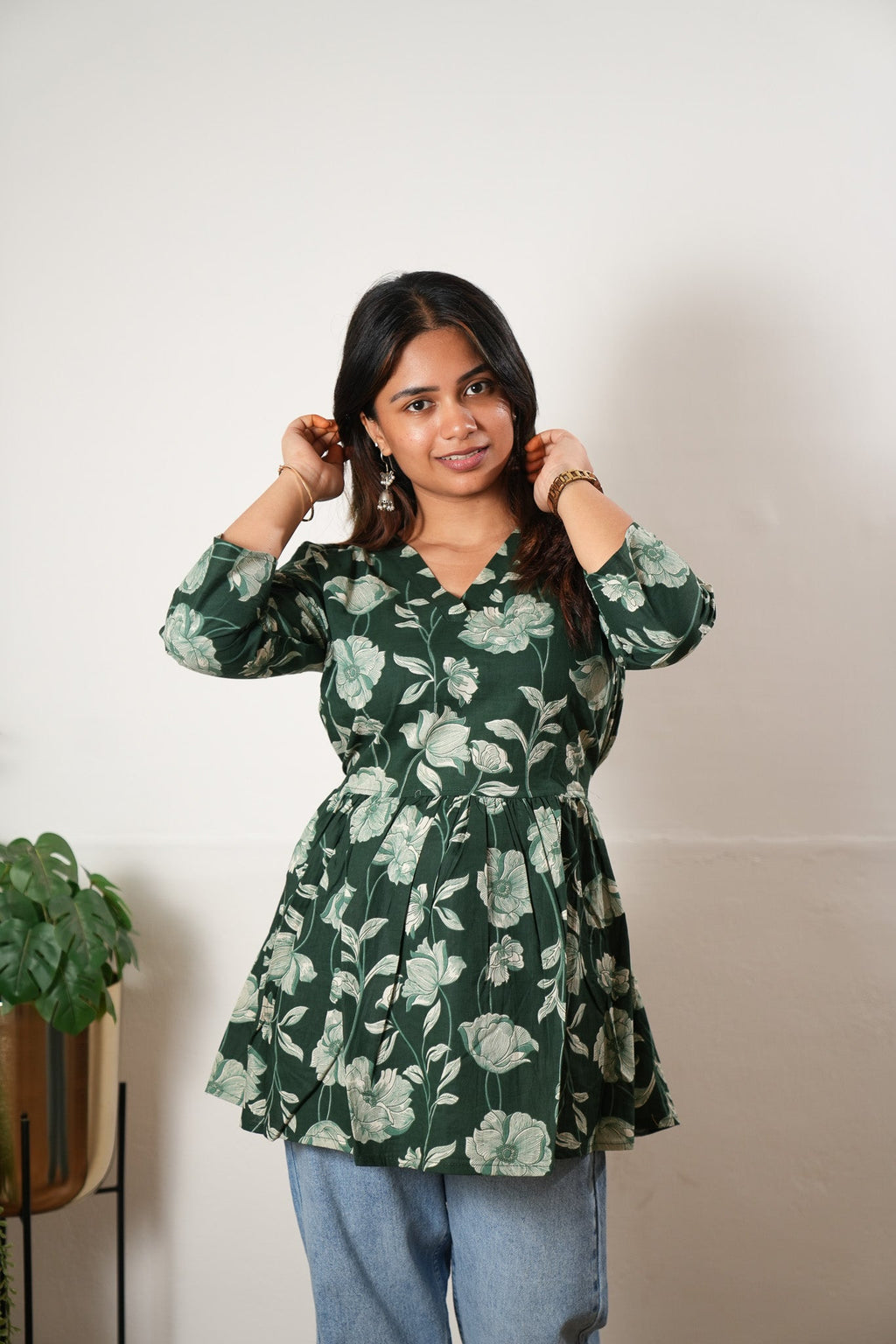 Peplum cotton short kurti - Green rose
