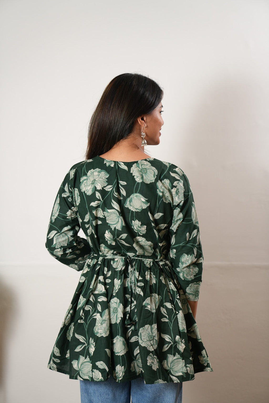 Peplum cotton short kurti - Green rose