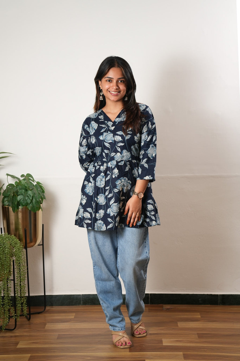 Peplum cotton short kurti - Blue dahlia