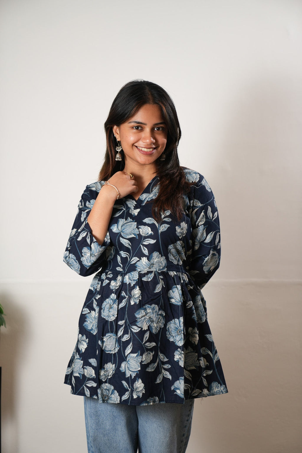 Peplum cotton short kurti - Blue dahlia