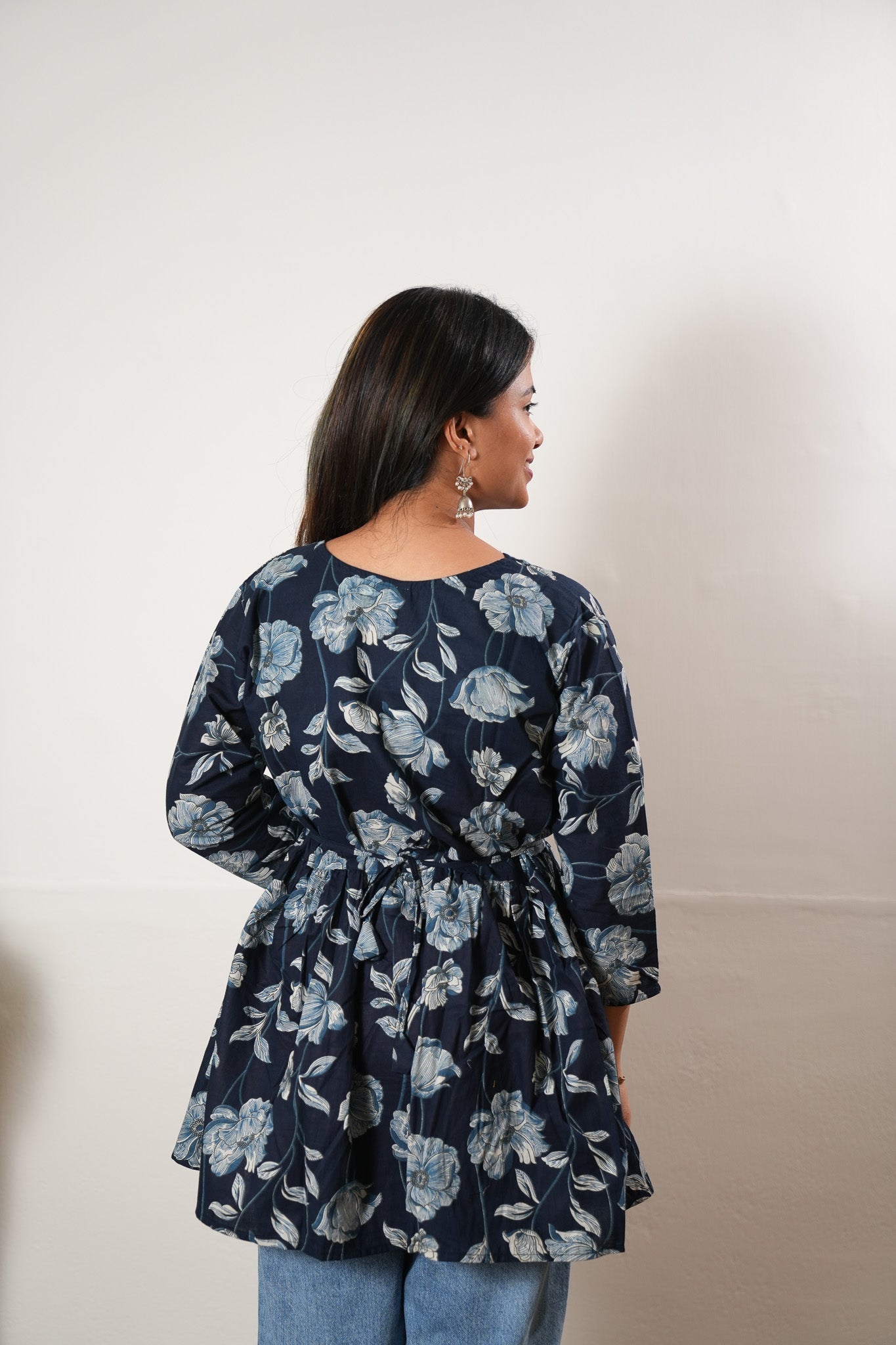 Peplum cotton short kurti - Blue dahlia