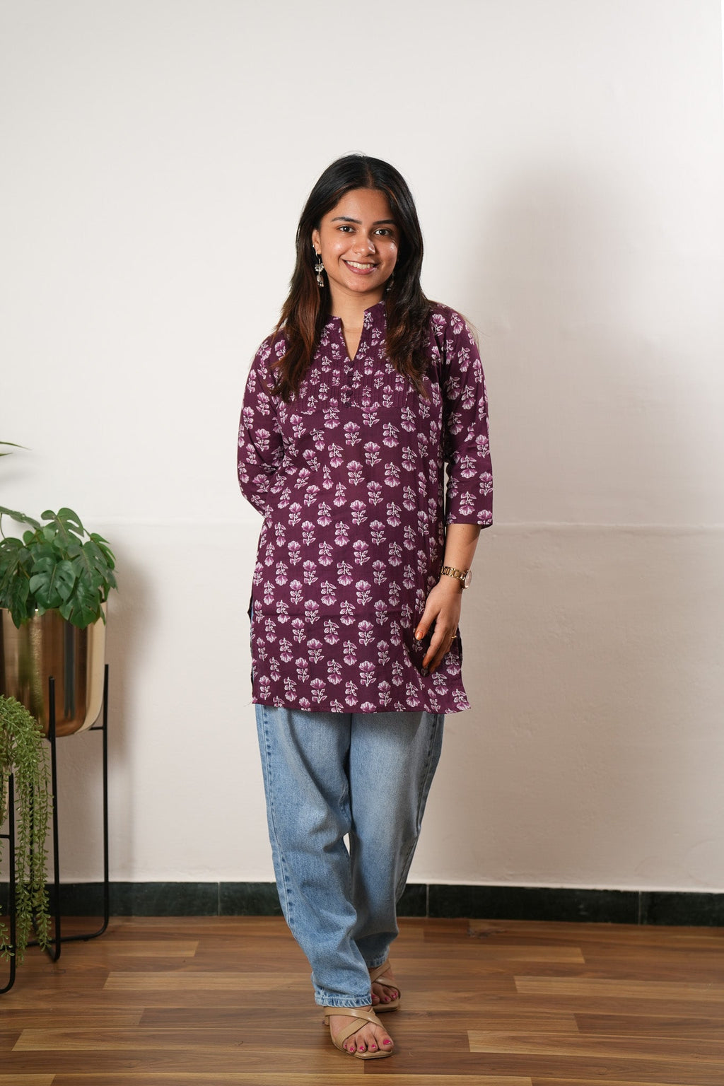 Pintex cotton short kurti - Aubergine
