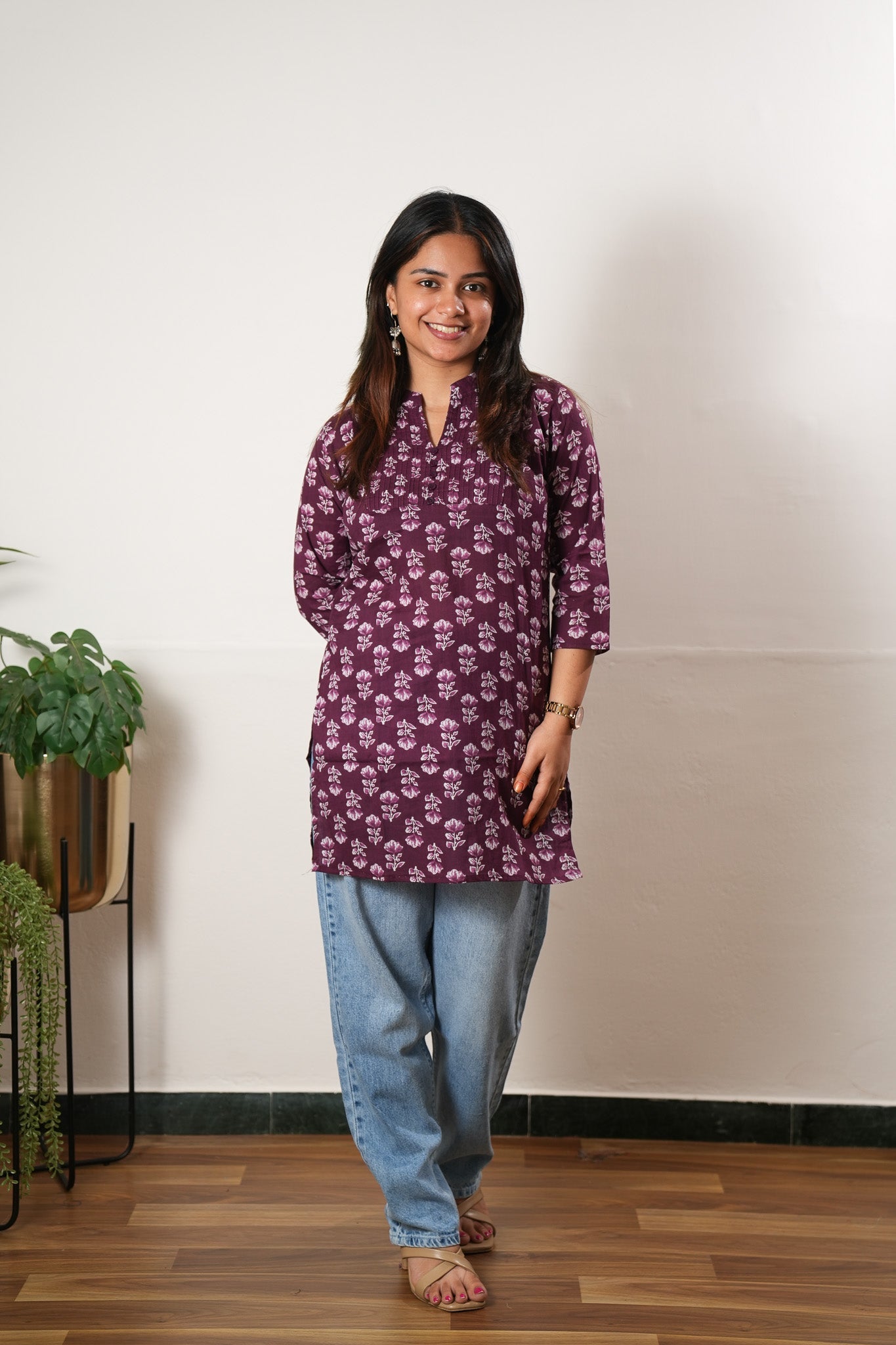Pintex cotton short kurti - Aubergine