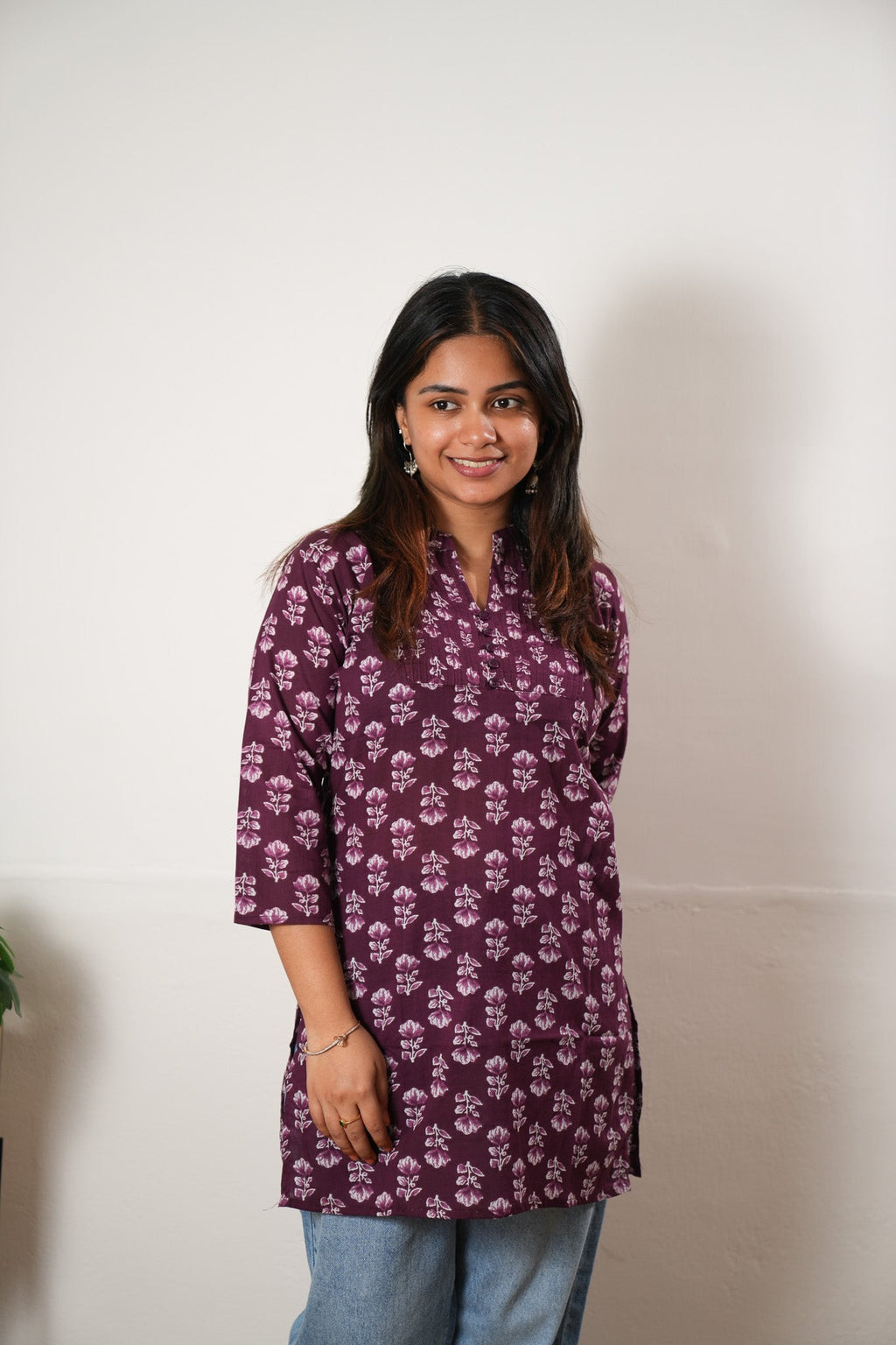 Pintex cotton short kurti - Aubergine