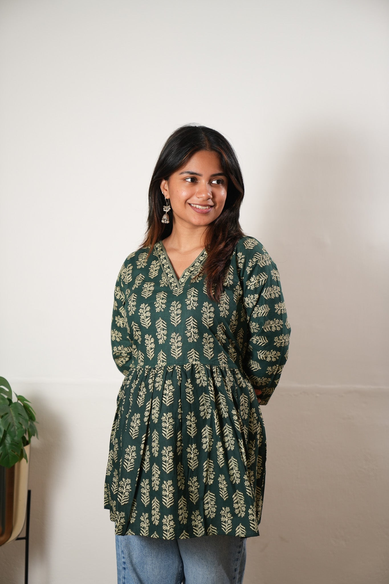 Peplum cotton short kurti - Dark green