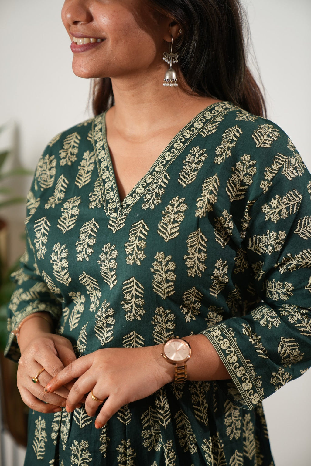 Peplum cotton short kurti - Dark green