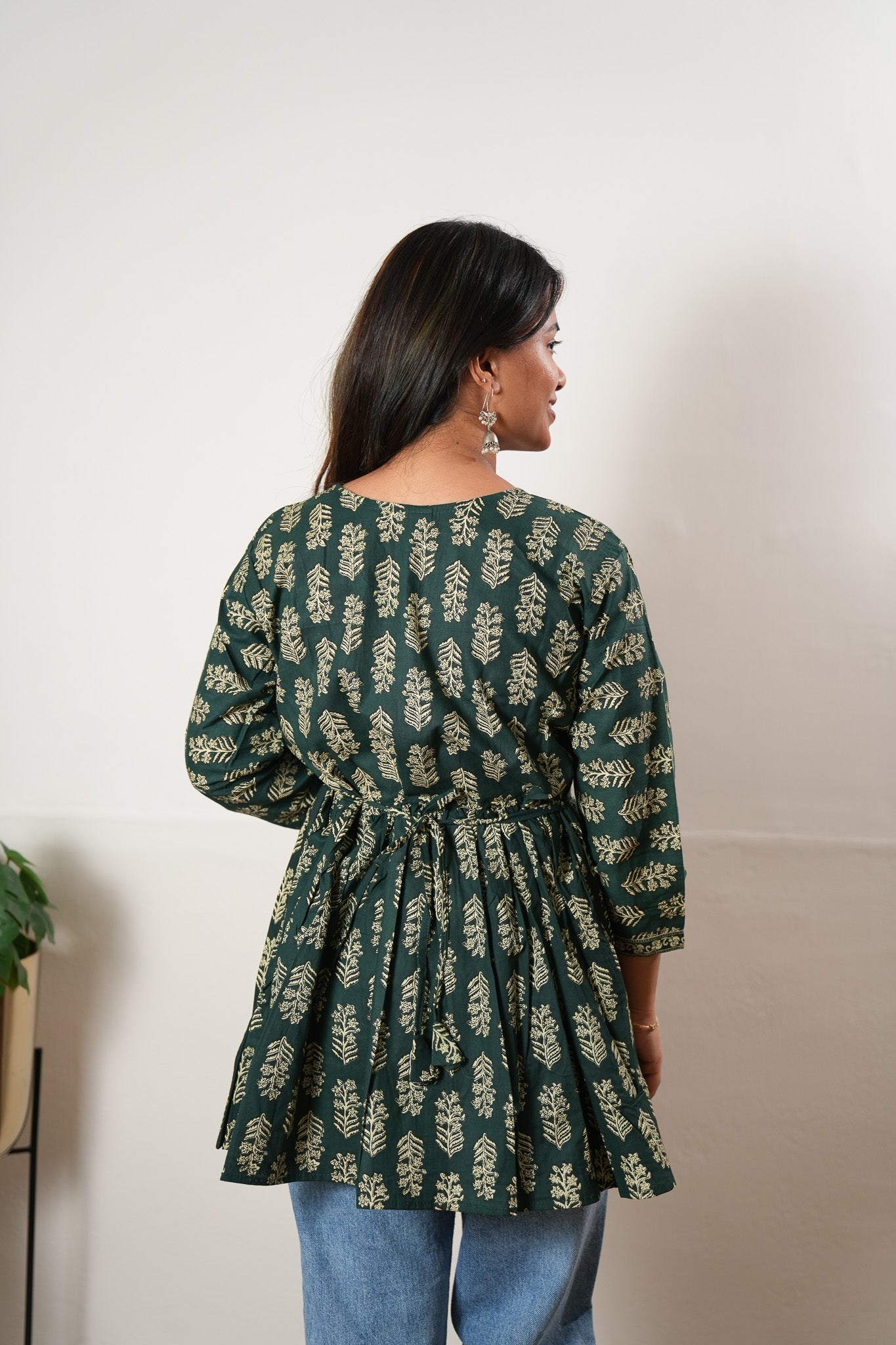 Peplum cotton short kurti - Dark green