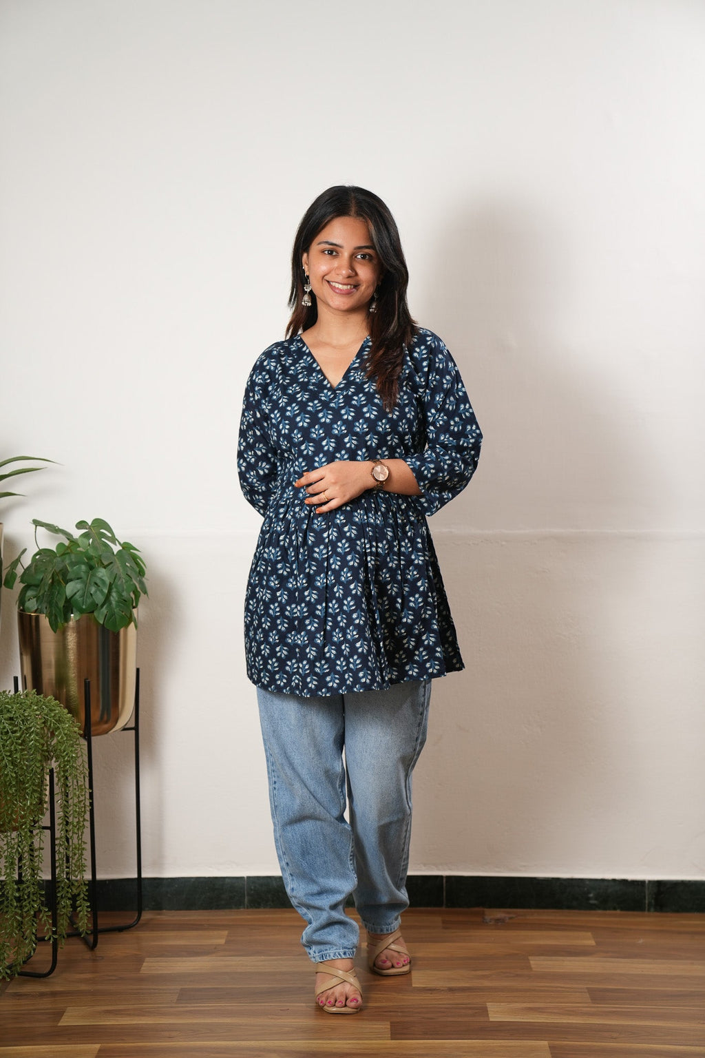 Peplum cotton short kurti - Blue fern