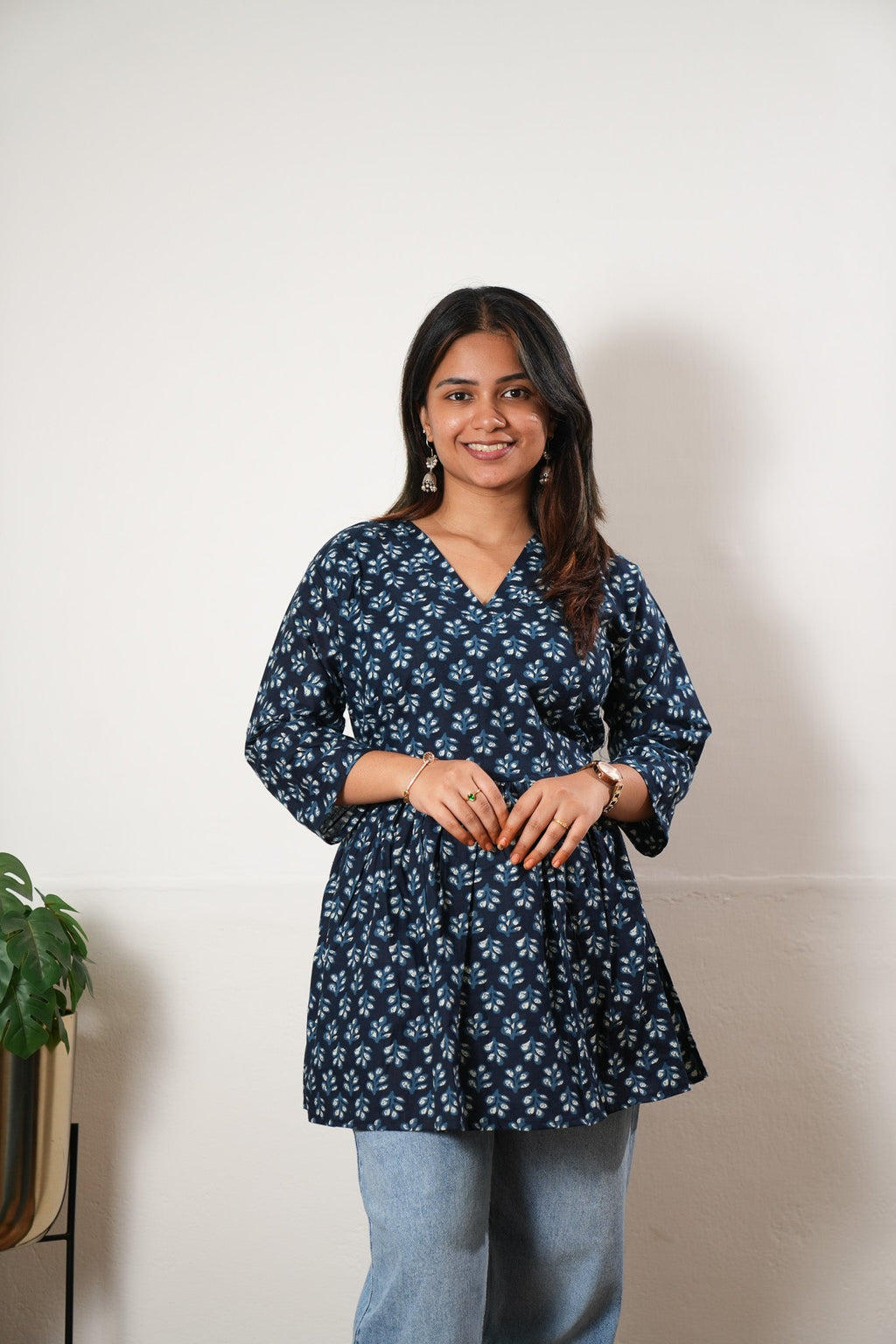 Peplum cotton short kurti - Blue fern
