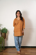V neck cotton short kurti - Mustard