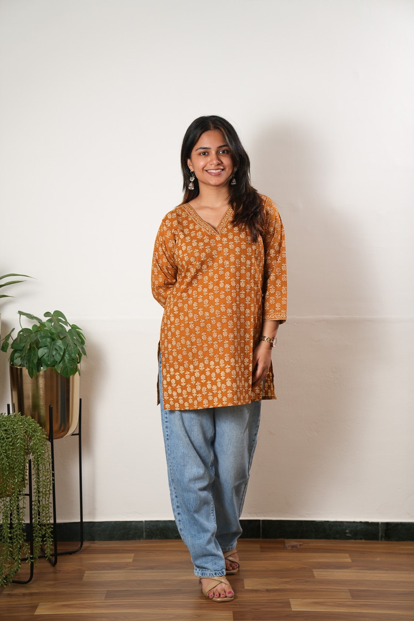 V neck cotton short kurti - Mustard