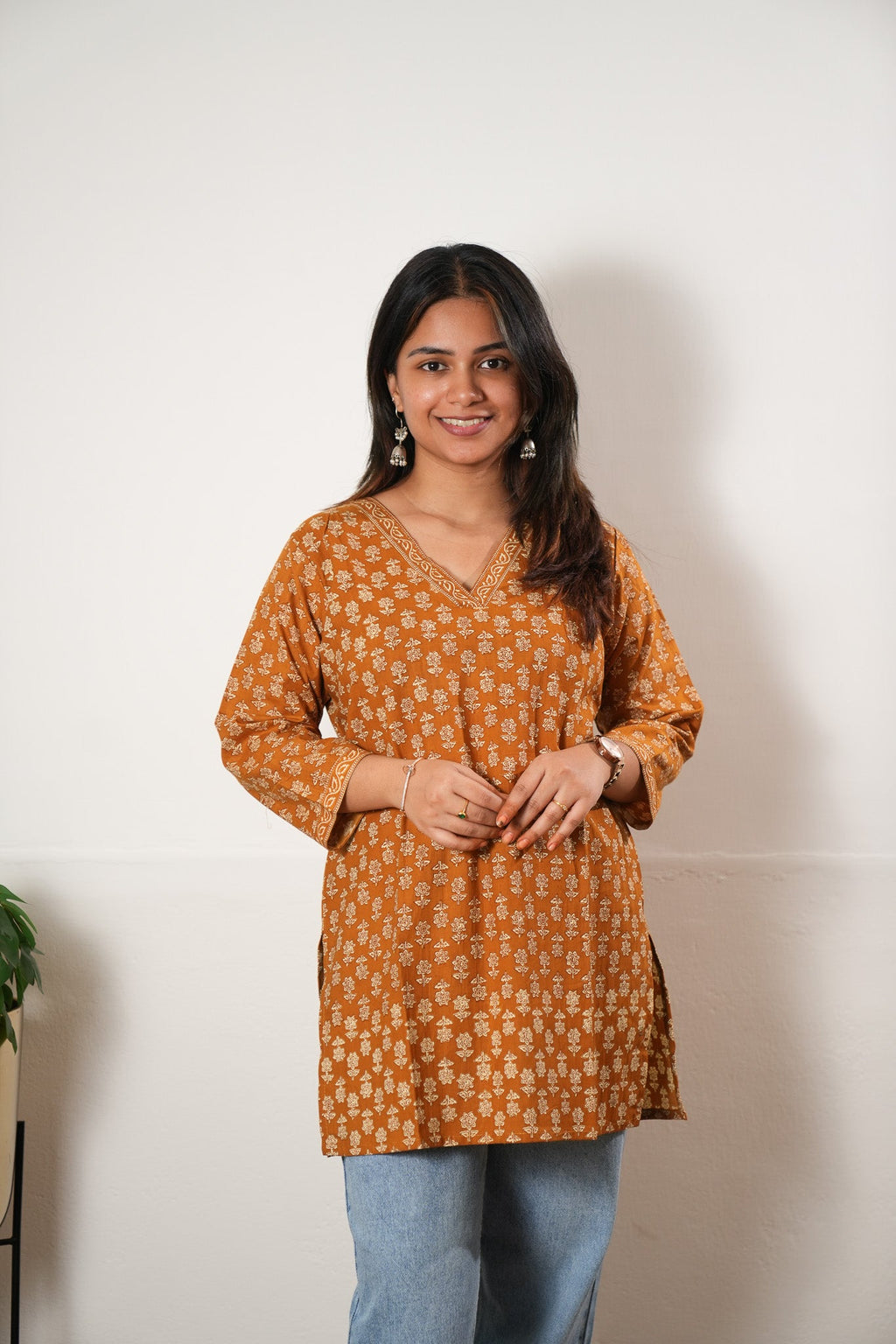 V neck cotton short kurti - Mustard
