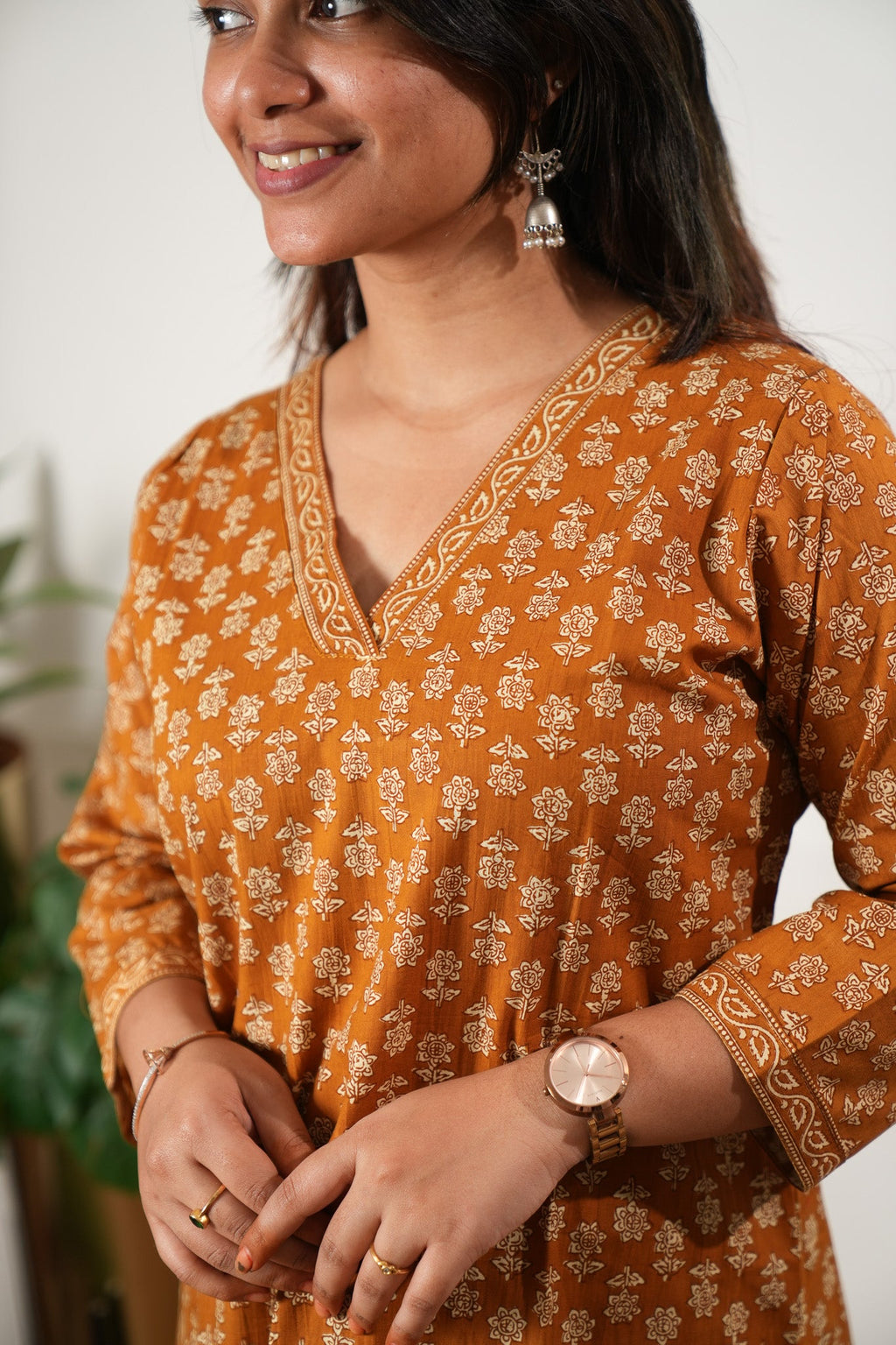 V neck cotton short kurti - Mustard