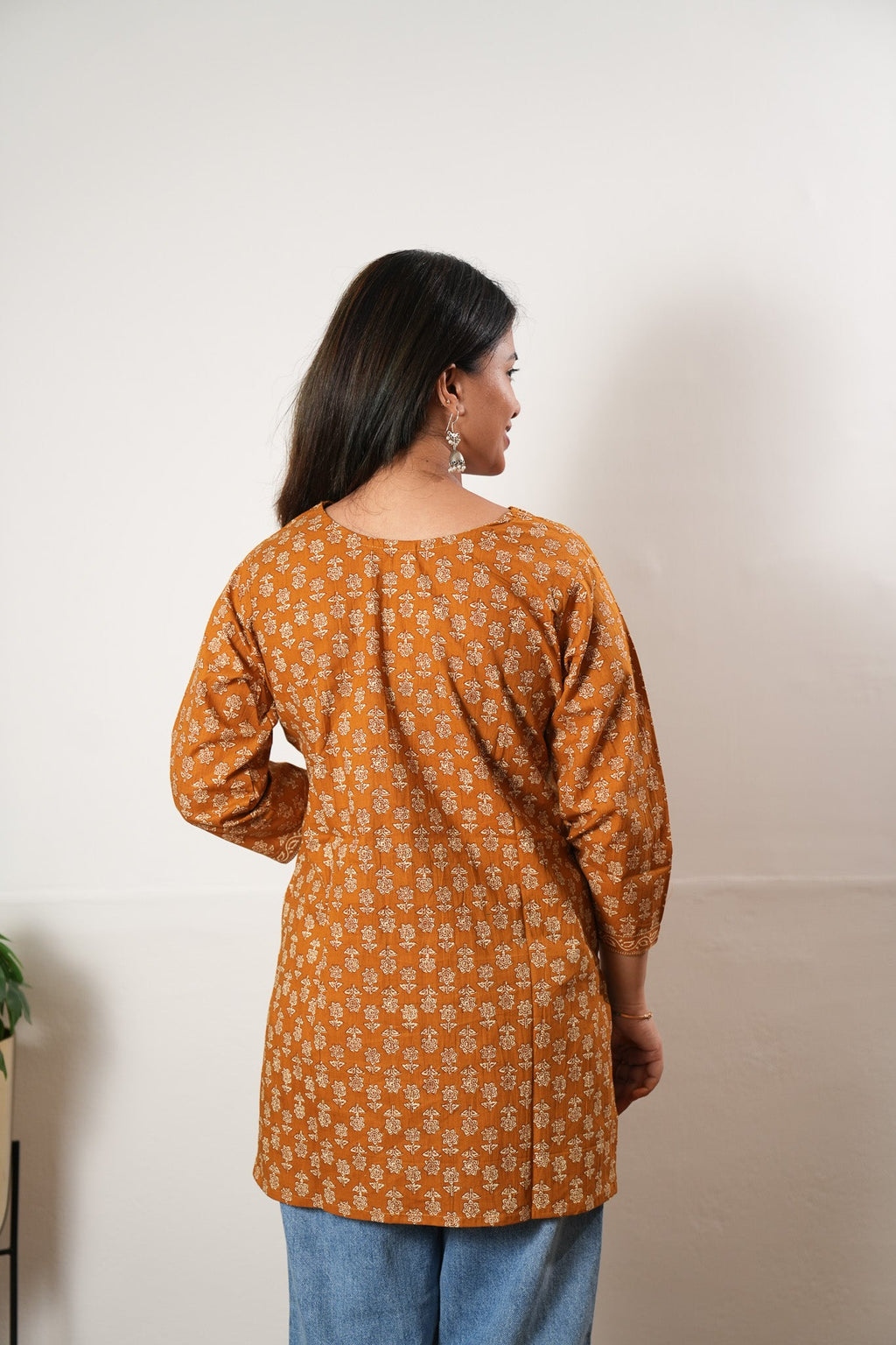 V neck cotton short kurti - Mustard